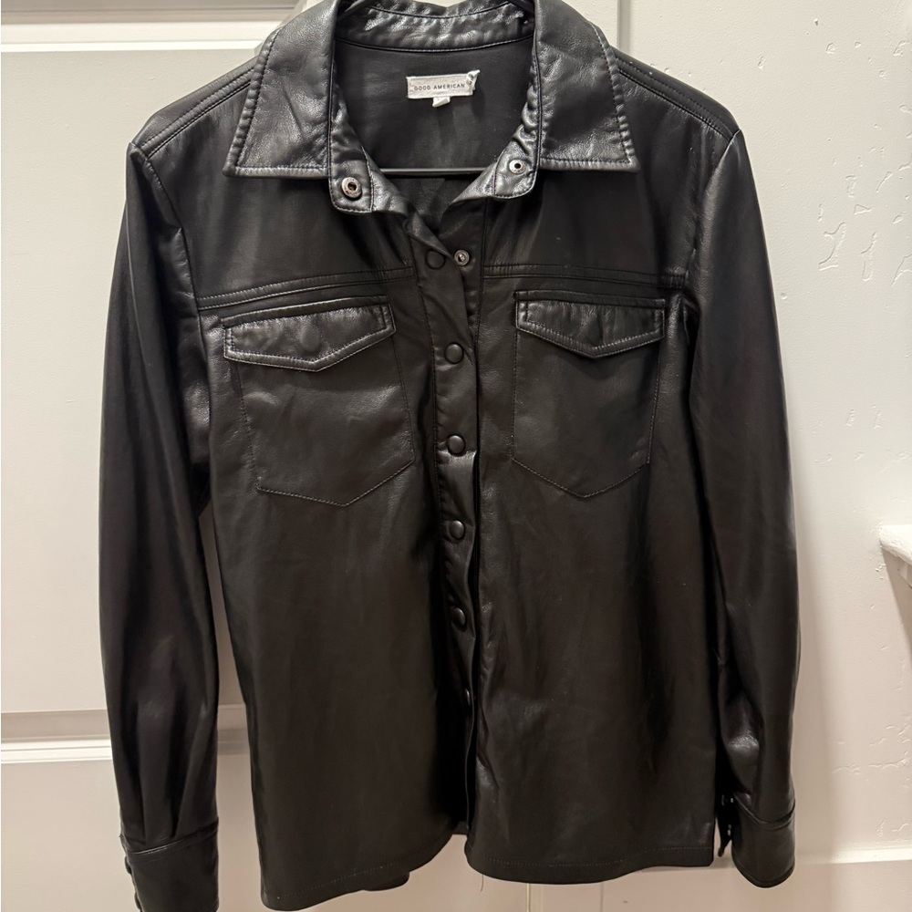Good American Black Faux Leather Shirt Jacket